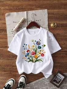 180g Made In Mexico, Spring/Summer 2026 Fashion Short Sleeve T-Shirt, Cartoon Print, Couple Style, Underwear/Outerwear, Casual Round Neck For Office, Unisex One Piece Top - 白色的 - 查看 2