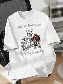 Short-Sleeved T-Shirt With A Skull, Rose, And Graffiti Print, American Urban Design, Unisex, High Street Style, For Couples. Loose-Fitting, Casual, And Versatile T-Shirt. - 白色的 - 查看 2