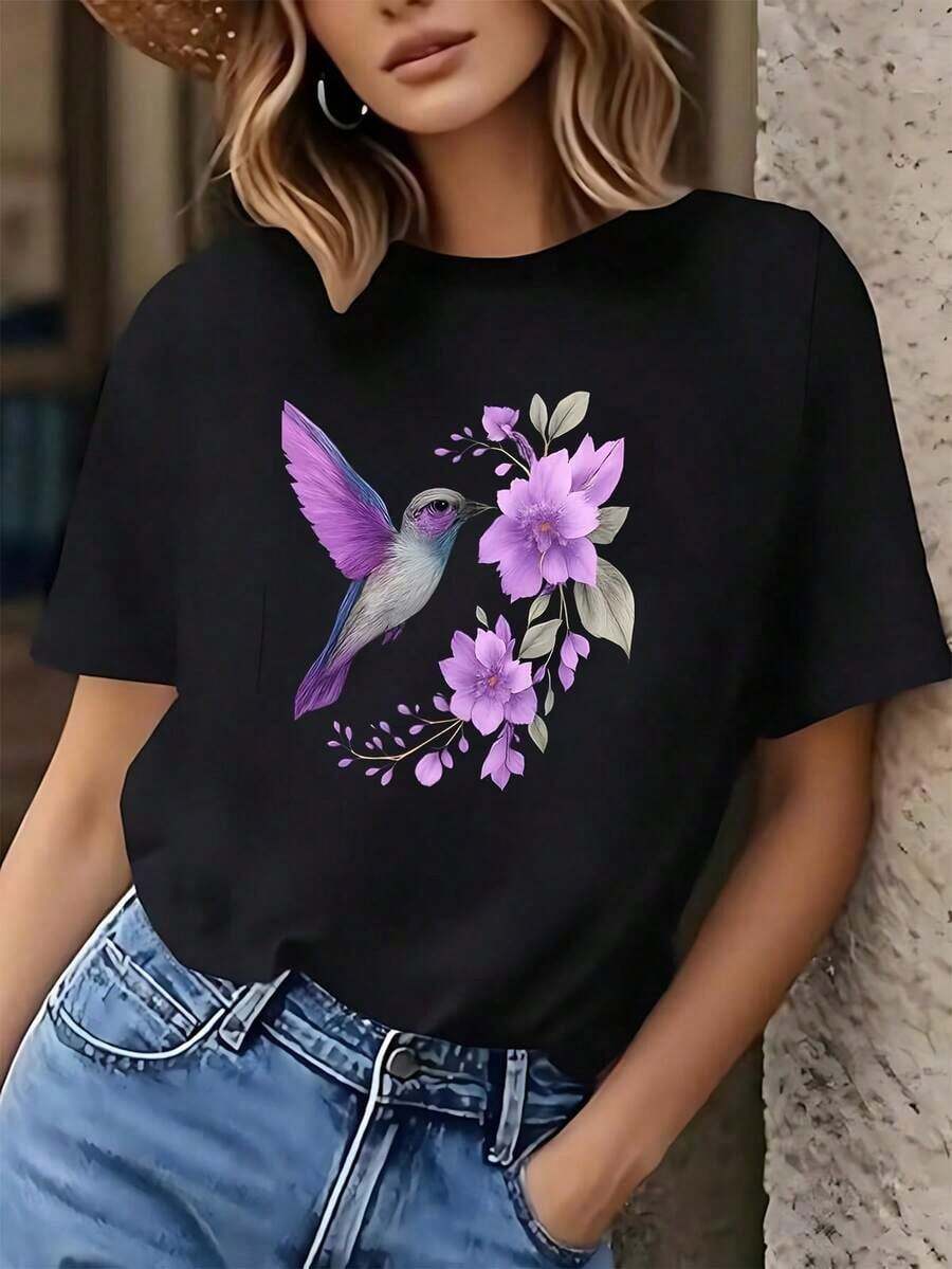 Camiseta de talla grande para mujer con estampado floral de colibrí, divertida, de manga corta, con diseño gráfico, novedosa, 100% algodón, cuello redondo, informal, 220g, blusa casual para mujer, playeras de algodón para mujer. - Negro - Ver 1