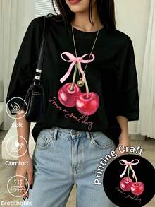 180g Made In Mexico, Spring/Summer 2026 Fashion Short Sleeve T-Shirt, Cartoon Print, Couple Style, Underwear/Outerwear, Casual Round Neck For Office, Unisex One Piece Top - 黑色 - 查看 2