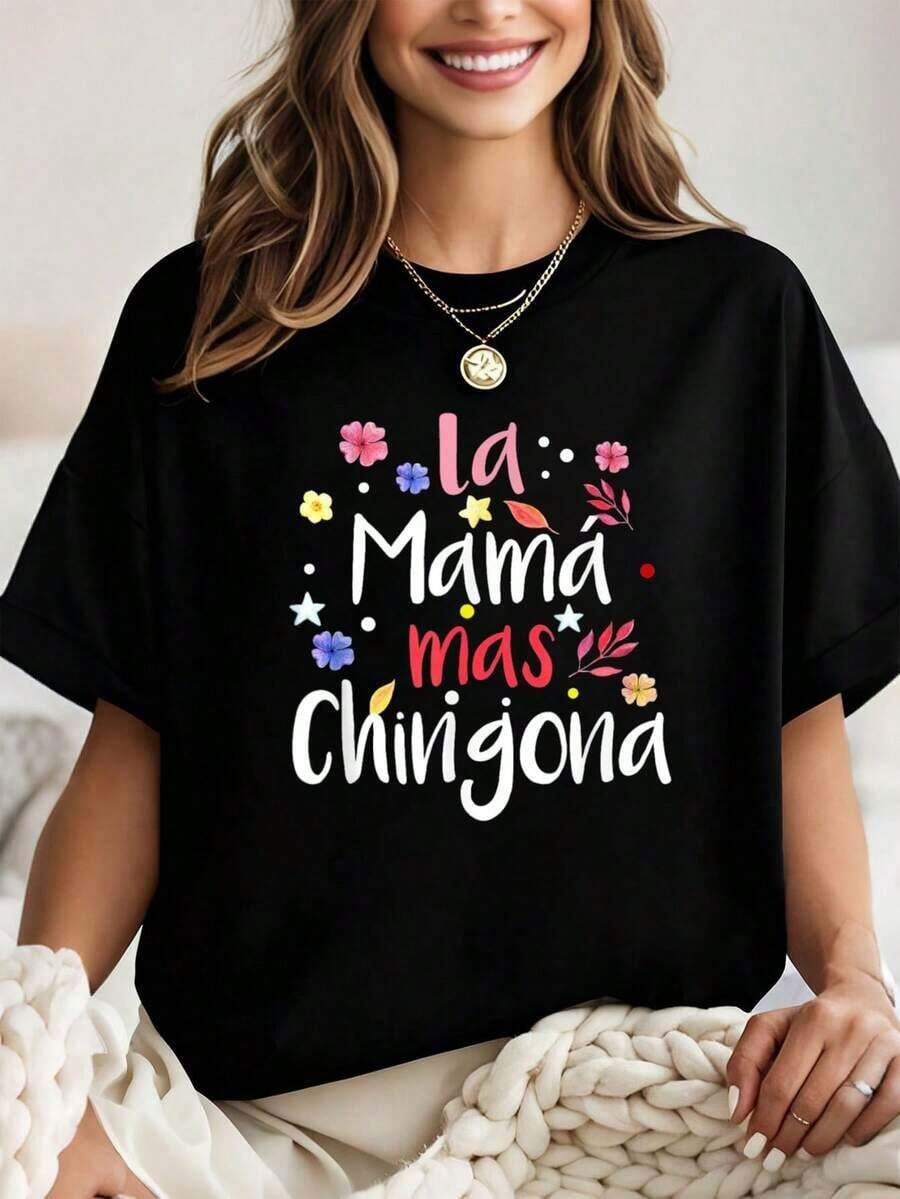 Camiseta floral de mamá española La Mama Mas Chingona, camiseta estampada para mujeres, nuevo estilo 2026, conjunto de mujer, camiseta de otoño para mujeres, camiseta de invierno - Negro - Ver 1