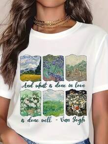 1 Women's T-Shirt With Van Gogh Art Quote - "Everything Done With Love Is Good", Inspired By Van Gogh's Paintings, Vintage Floral And Landscape Design, Black Short-Sleeved T-Shirt With Round Neck And Breathable, With Prints Of "The Starry Night" And "Self-Portrait", 180g 100% Cotton. - 白色 - 查看 5