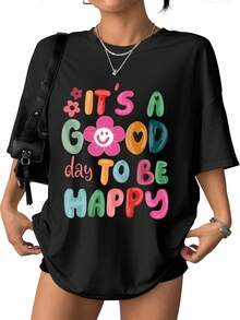 Cotton. New Casual Spring And Summer T-Shirts For Men And Women, With The Print "Today Is A Good Day, Happy Every Day," Made Of Soft And Comfortable Fabric, Casual And Versatile, Summer Wear, Ideal As A Gift. Available At The Local Store. FSHB - 黑色 - 查看 1