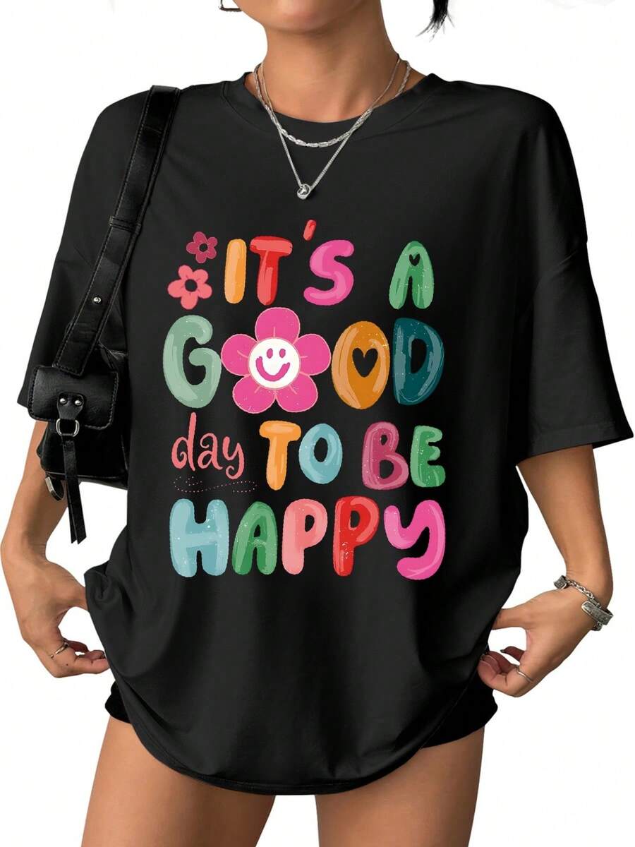 Cotton. New Casual Spring And Summer T-Shirts For Men And Women, With The Print "Today Is A Good Day, Happy Every Day," Made Of Soft And Comfortable Fabric, Casual And Versatile, Summer Wear, Ideal As A Gift. Available At The Local Store. FSHB - 黑色 - 查看 1