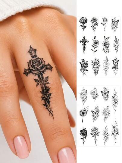 Tiny Small Semi-Permanent Temporary Tattoos For Women -2 Sheets Flower Tattoos For Adult Waterproof Realistic Fake Finger Tattoos Lasting 1-2 Weeks