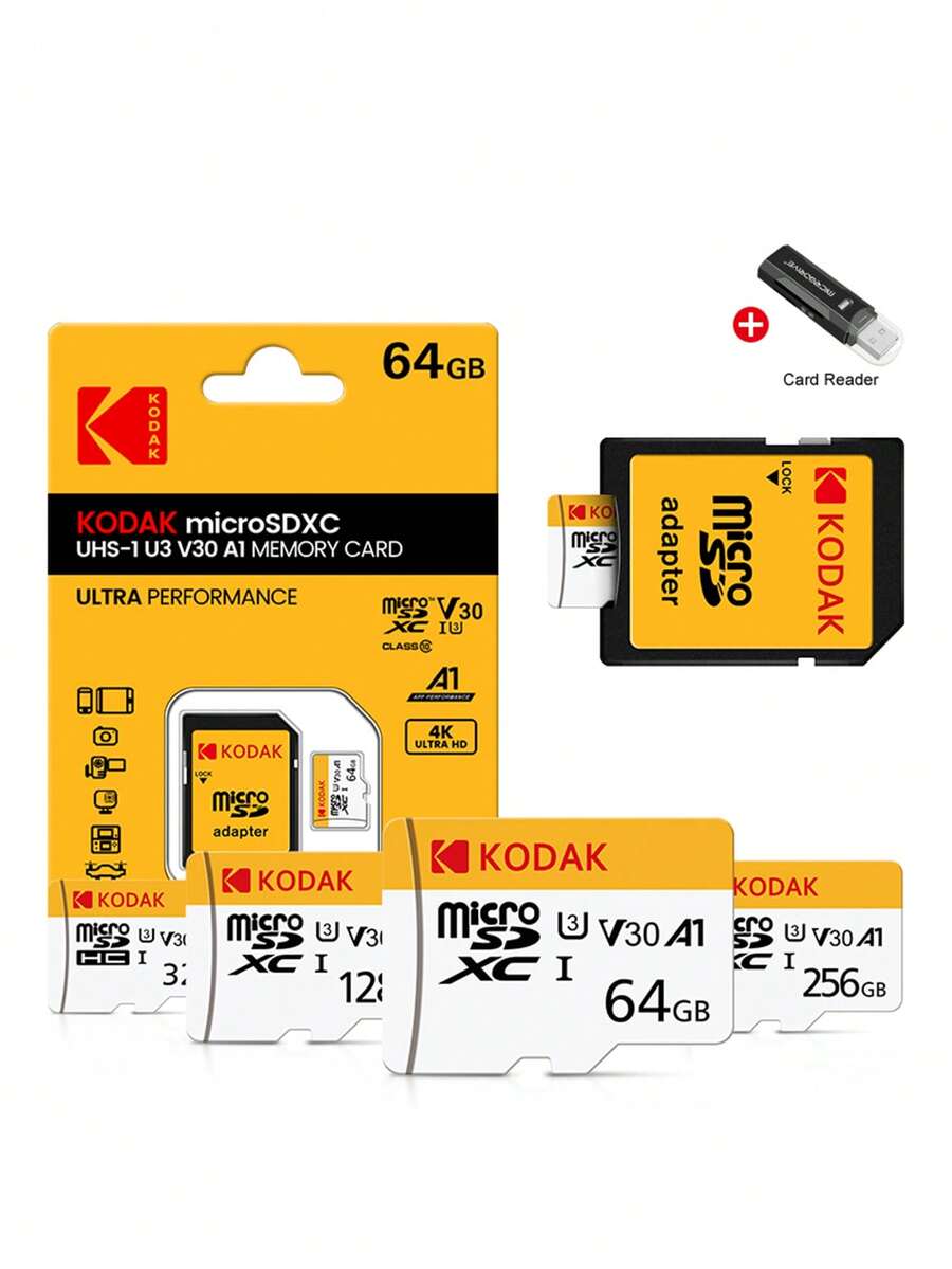 Kodak Brand High-Speed MicroSD Card, U3 Class 10 Flash TF Card 32GB/64GB/128GB/256GB, Max Read/Write Speed 100MB/S, Includes SD Adapter And USB 2.0 Card Reader - View 1