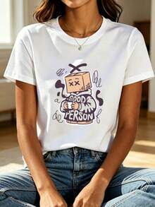 Women's T-Shirt: White Printed T-Shirt For Women, Featuring A Cartoon Character Holding A Coffee And The Slogan "Good Person", In An Urban Street Graffiti Style, Perfect For Casual Beach Holidays, Music Festivals And Creative Social Gatherings. - 白色 - 查看 9