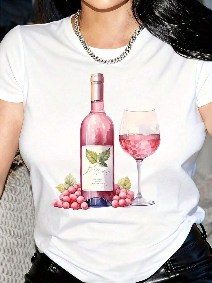 New Arrivals For Summer. 1 Stylish Women's T-Shirt With Wine And Grape Print - Fun Graphic Design With Pink Wine, Green Leaves, And Purple Grapes - Soft, Breathable, And Sweat-Wicking Fabric - Perfect For Casual Wear, Sports, And As A Gift. Stylish Printed T-Shirt, Breathable Blouse, Shirt > Beautiful. - 白色 - 查看 1