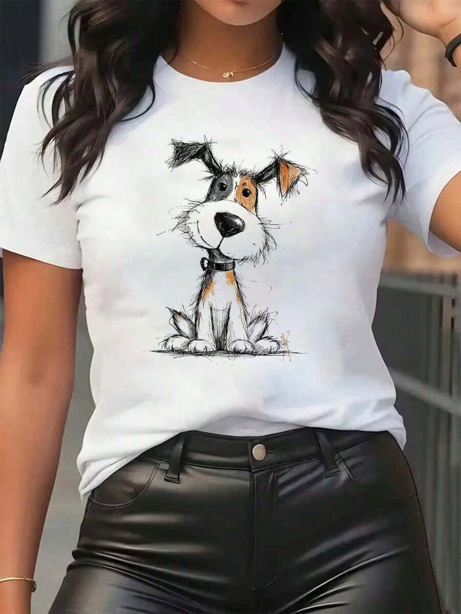 New Arrivals For Summer. Women's T-Shirt With Cartoon Dog Print, Round Neck, Casual Style For Everyday Wear, Soft And Comfortable, Perfect For Vacations. Blouse, Shirt > Beautiful. - 白色 - 查看 1