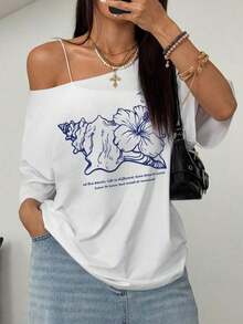 Y2K Style, Modern Style, The Newest Of 2026, Cute Style, Casual Style. Women's Plus Size Summer Loose Fit Asymmetric Neckline T-Shirt With Orange Fruit Cocktail Print, Y2K Style, 180g (Sizes S-XXXL). - 白色 3 - 查看 4