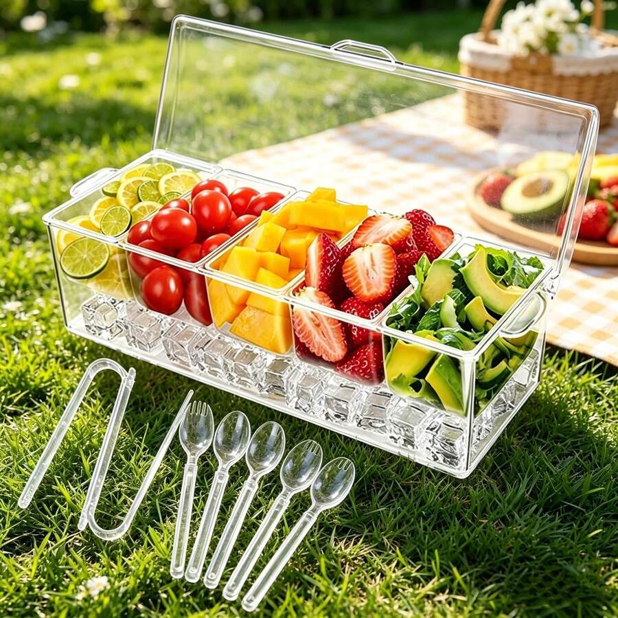 Cold Seasoning Storage Box, Equipped With 5 Forks And 2 Pliers, Salad Storage Box, Suitable For Entertainment Parties With Lid, Bar Decoration Rack, Detachable Box With 5 Compartments - Transparent - View 1