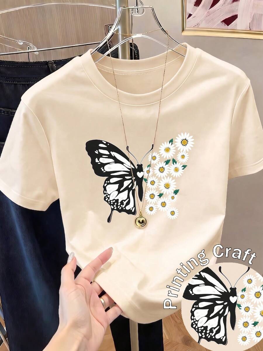 Camiseta de manga corta con estampado para mujer, ropa de primavera, atuendo para festividades, blanca para verano, look playero, estilo vacacional, estilo rural, atuendo de oficina para mujer. - Albaricoque - Ver 1