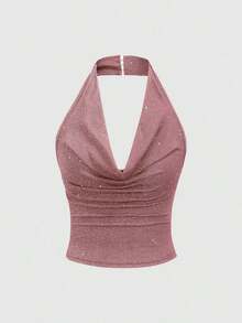 corto de camisola de punto metálico con lentejuelas para mujer, top sexy de espalda descubierta y ajustado al Body - Rosa 2 - Ver 7