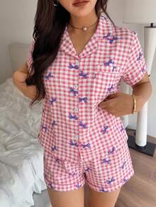 2pcs/Set Comfortable Plaid Bow Print Short Sleeve Top And Bow Shorts Women's Pajama Set, Suitable For All Seasons - Pink - View 1