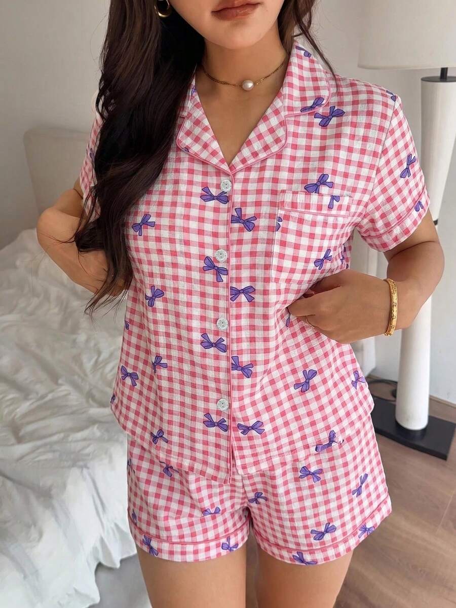 2pcs/Set Comfortable Plaid Bow Print Short Sleeve Top And Bow Shorts Women's Pajama Set, Suitable For All Seasons - Pink - View 1