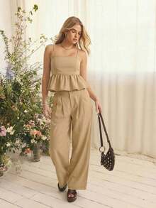 Conjunto de verano para mujer con top casual de tela de mezclilla suave, con tirantes de espagueti, bajo con volantes, ajustado al busto y silueta fluida - Caqui - Ver 5