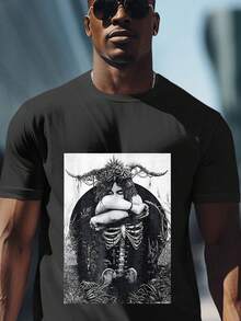 2D Dark Fantasy Skeleton With Horns And Rose Crown Printed On A Black T-Shirt, Acrylic Hanging Ornament For Home Decor And Fashion Statement, Halloween Gift For Gothic Style Lovers. - 黑色 - 查看 8