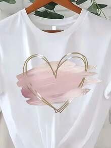 Women's Black T-Shirt With Gold Heart Print And Geometric Patterns - Casual Short-Sleeved Top With Round Neck, Machine Washable, Suitable For Spring, Summer And Autumn, T-Shirt With Modern And Fashionable Design, Appliqué Details. - 白色 - 查看 8