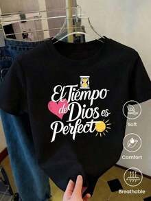 Camiseta de manga corta de moda primavera-verano 2026, fabricada en México. Estampado con diseños de dibujos animados, estilo para parejas, adecuado para uso en interiores y exteriores. Paquete de una sola pieza, cuello redondo clásico, diseño unisex, ideal para ocasiones de oficina y casuales. - Negro - Ver 2