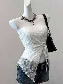 2 piezas Top de mujer con bajo asimétrico y borde de lechuga con cordón lateral, nueva llegada - Multicolor 3 - Ver 7