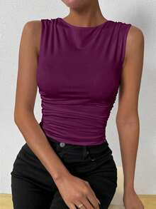 Camiseta de tirantes ajustada con cuello de tripulación y pliegues de unicolor de verano para mujer - Rojo violeta - Ver 7