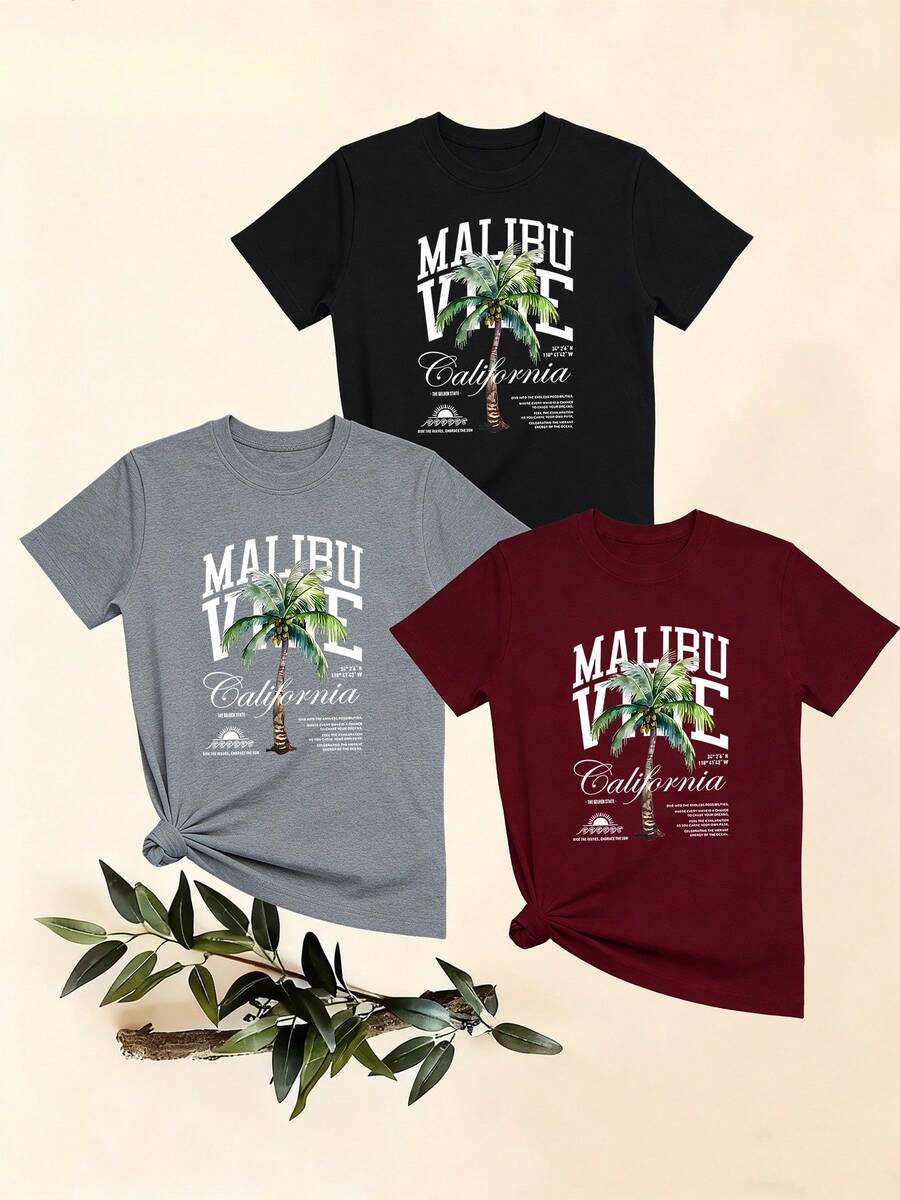 Women's T-Shirts, Women's T-Shirts, Casual One-Piece T-Shirt With Palm Print, California Style, Round Neck, Short Sleeve Top, Comfortable And Breathable Summer Top. - 1件黑色隨機圖案 - 查看 1