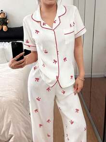 Conjunto de pijama para mujer con estampado de lazo a rayas en rosa, de manga corta y cuello solapa - Blanco - Ver 7