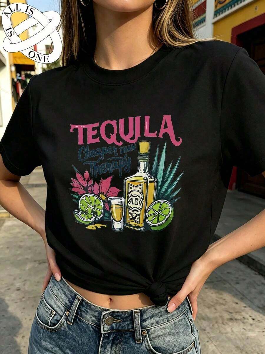 ALL IS ONE Pure Cotton Women's Loose Fit T-Shirt With Fresh Strawberry Basket Print, Youthful Casual Style, Short Sleeve - 黑色 - 查看 1