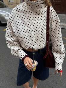 Chaqueta Holgada de Manga Larga con Estampado de Lunares para Mujer, Moda de Otoño, Cuello Alto con Cierre de Cremallera - Blanco - Ver 6