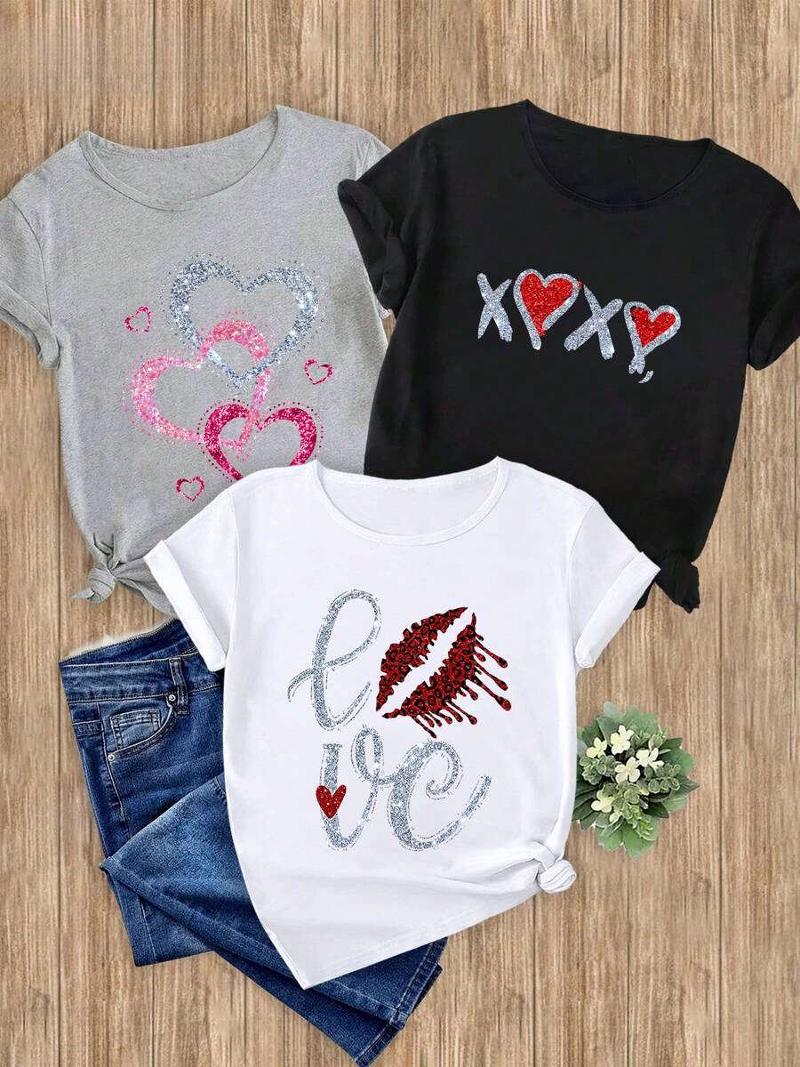 Women's T-Shirts, 1-Piece Set With Heart Print, XOXO Letters, Lip Print, 1 Piece, Elegant Gift, Casual, Sporty For Party, Soft And Machine Washable, Short Sleeve Top With Round Neck. - 1件白色隨機圖案 - 查看 1