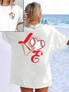 Heart Formed By A Baseball With Red Stitching And Crossed Bats Symbolizing Love And Passion For The Sport In Elegant Lettering, Women's Double-Sided Print Casual Summer T-Shirt - Putih - View 8