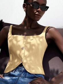Camiseta sin mangas de cuello en U ajustada y elegante para mujeres, adecuada para ir al trabajo - Amarillo - Ver 7