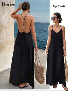 Vestido largo elegante de mujer con tirantes finos, espalda descubierta y lentejuelas, adecuado para fiestas, bodas, playa y vacaciones, color negro, para verano - Negro - Ver 1