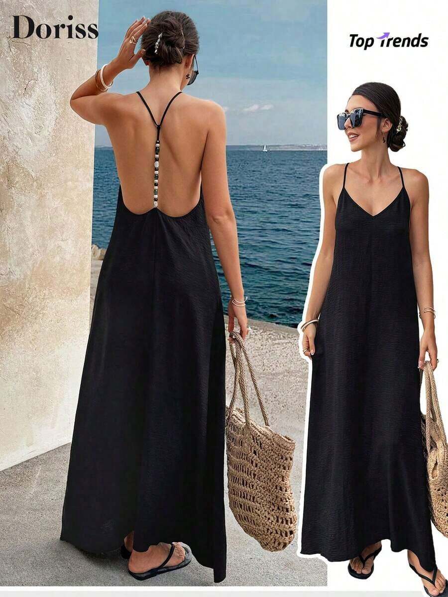 Vestido largo elegante de mujer con tirantes finos, espalda descubierta y lentejuelas, adecuado para fiestas, bodas, playa y vacaciones, color negro, para verano - Negro - Ver 1