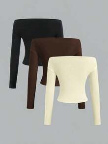 de 3 piezas Blusa corta de manga larga y hombros descubiertos para mujer, cómoda y amigable con la piel, ajuste ceñido - Multicolor 16 - Ver 2