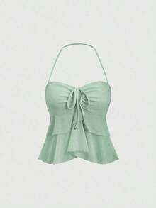 Top de tirantes de cuello halter de unicolor, uso diario simple, estilo Y2K para mujer - verde menta - Ver 1
