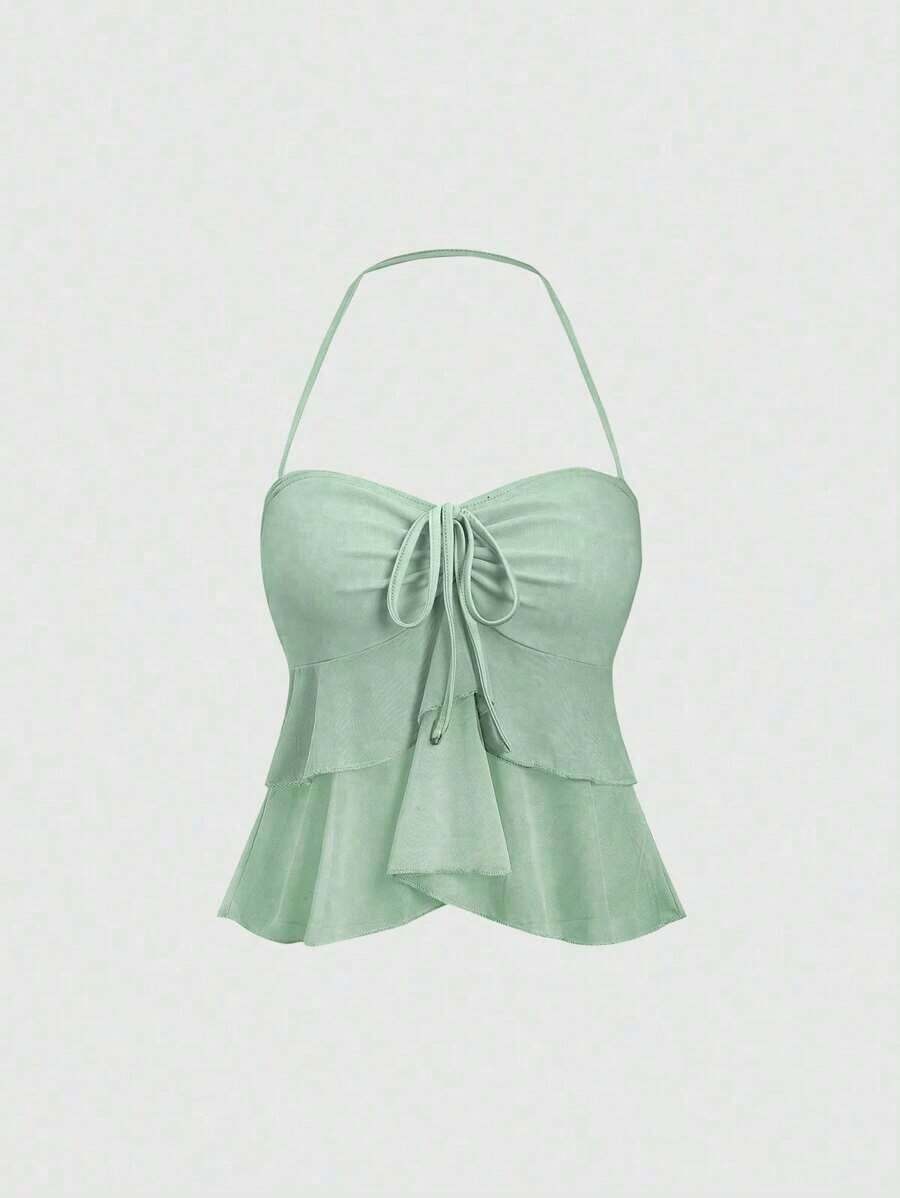 Top de tirantes de cuello halter de unicolor, uso diario simple, estilo Y2K para mujer - verde menta - Ver 1