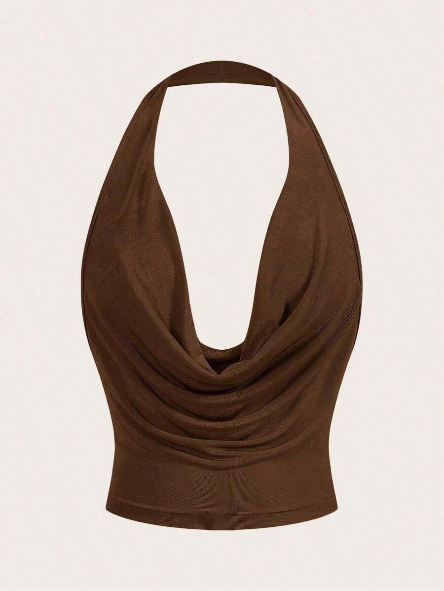 Top corto de color rojo sexy de cuello de escote amplio y sin mangas con estilo sencillo Y2K para mujer - Marrón - Ver 1