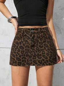 Minifalda de jean con estampado de leopardo para mujer, estilo de verano - Marrón 2 - Ver 5