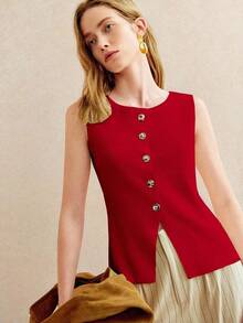 Blusa de punto sin mangas con botones delanteros de unicolor para uso casual y de oficina para mujeres - Rojo - Ver 6