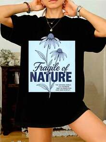 Camiseta de manga corta para mujer, camiseta de algodón de gran tamaño para mujer, camiseta informal de verano con estampado floral de Fragile Nature, regalo para ella, camiseta informal de manga corta con cuello redondo y estampado para uso diario, son excelentes regalos para amigos y familiares, camisetas% algodón, diseño juvenil y a. - Negro - Ver 5