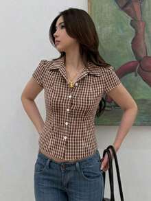Blusa blanca de manga corta ajustada con cuello para mujer, de unicolor, para el verano - Marrón - Ver 7