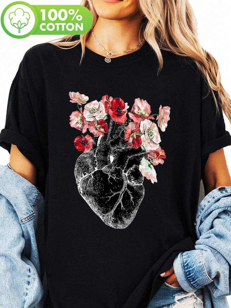 Camiseta con estampado de corazón anatómico y flores, manga corta y cuello redondo, top casual para verano y primavera, ropa de mujer - Negro - Ver 1