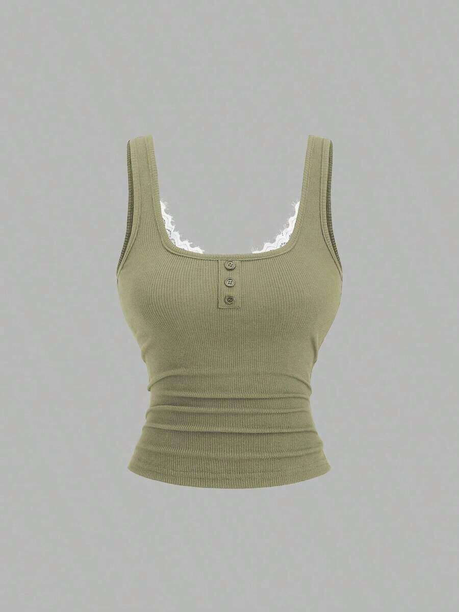 Camiseta de tirantes casual de mujer con parches de encaje - Verde - Ver 1