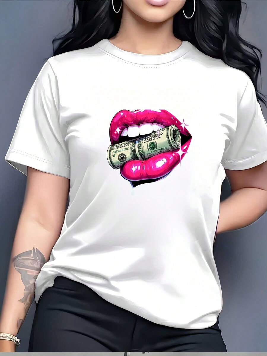 Camiseta Under The RadarLip Art con Estampado de Dinero, 180G, Camiseta Casual de Verano para Mujer, Regalo Perfecto para Vacaciones, Actividades de Team Building de la Empresa y Reuniones Familiares - Camiseta Unisex de Estilo Urbano Vintage, de Algodón, Manga Corta, Cuello Redondo y Corte Holgado. - Blanco - Ver 1