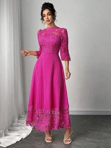 Vestido largo de manga larga con parches de bordado de ojal amarillo para mujeres - Rosa Fucsia - Ver 8