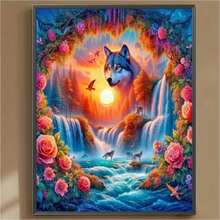 5D DIY Diamond Painting Kit - Wolf And Waterfall Landscape, Round Acrylic Full Drill Diamond Painting Art Set, Home Decor, Size 11.8x15.7 Inches - View 4