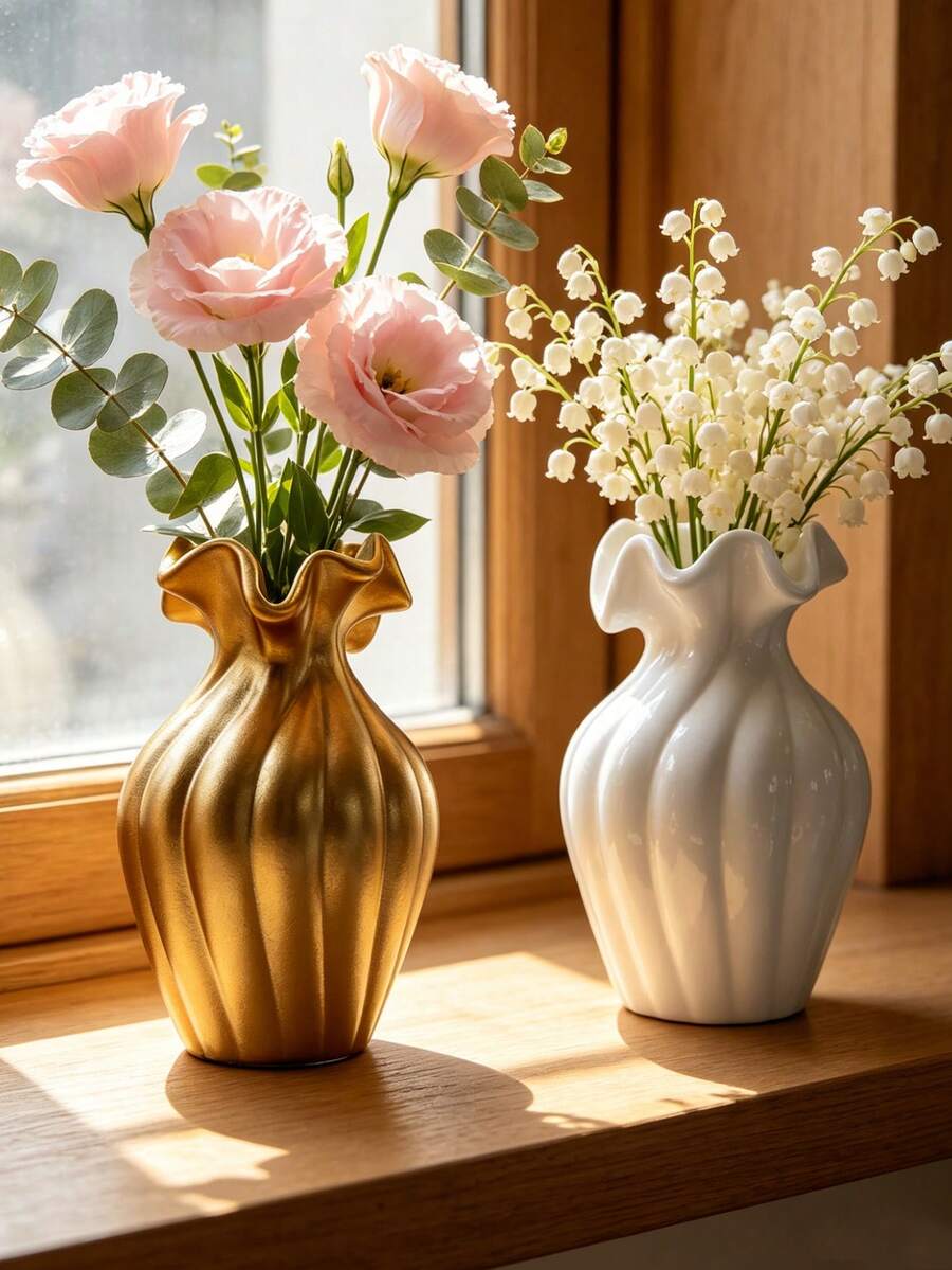 2Pcs/1Pc Wave Rim Vertical Ribbed Resin Planter - Light Luxury Ruffled Edge Flower Vase, Nordic Garden & Patio Decor | Home Decor, Room Decor, Boho Decor, Desk Decor, Vintage Decor, Unique Gift, Table Centerpiece, Housewarming Gift - New Model - View 1