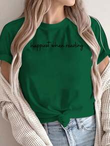 Women's Casual Short Sleeve Crew Neck T-Shirt With Floral Print And English Lettering On The Chest - Breathable And Machine Washable Fabric, Suitable For All Seasons, Top Not To Be Combined With Blouses For Casual Outfits, Combinations And Basic Sets - 綠色 - 查看 6