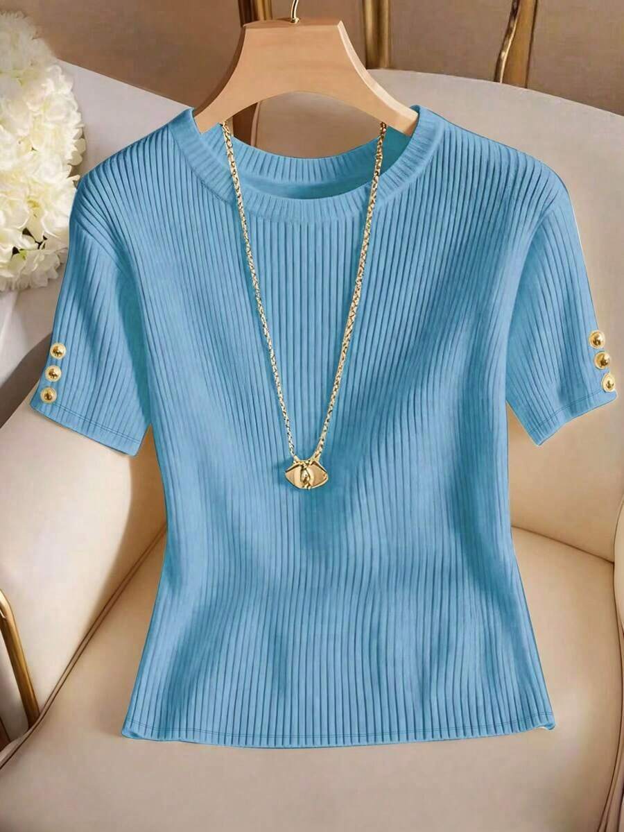 Elegante camiseta de punto de cuello redondo, top de punto minimalista de moda, primavera/verano - Azul - Ver 1